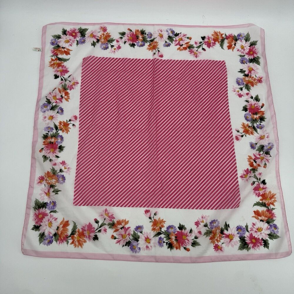 Vintage Unbranded Floral Stripe Square Scarf Italy Accessory